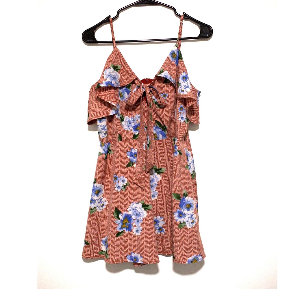 Altar'd State Floral Herringbone Cold Shoulder Romper Terracotta Blue Size M